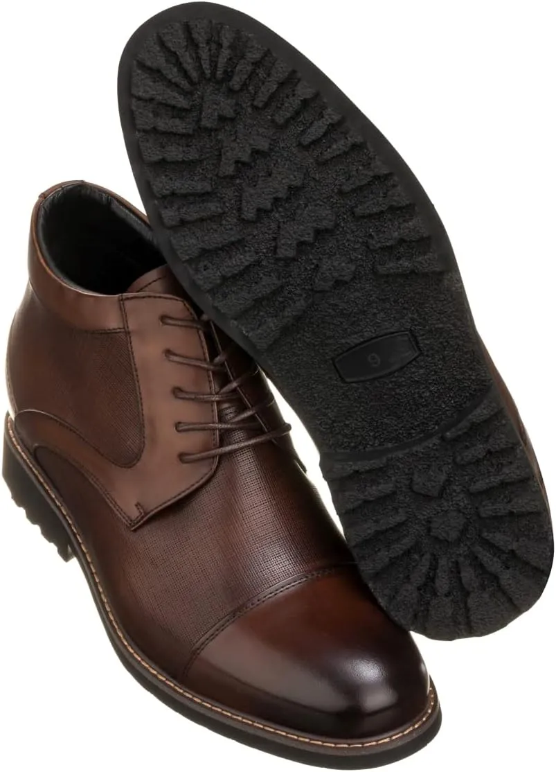 CALTO Men's Invisible Height Increasing Elevator Shoes - Dark Brown Leather Lace-up Cap-Toe Boots with Inner Faux Fur - 3.2 Inches Taller - Y41089 - Size 12 D(M) US