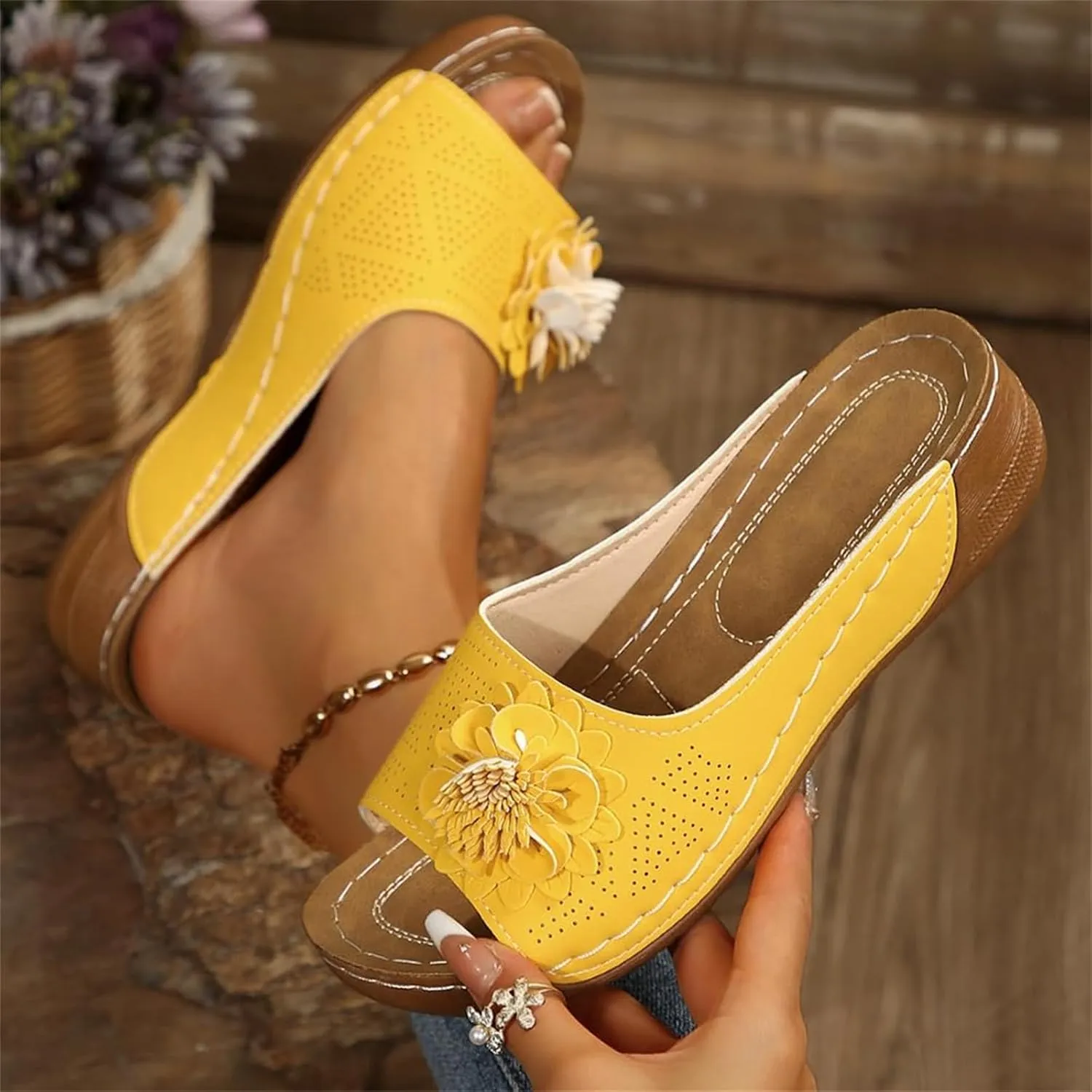 Chic Flowers Orthopedic Sandals for Women Summer Beach Comfortable Sandals Wedge Low Open Toe Slides Fish Mouth Leather Slippers Dressy Casual Slip-On with Arch Support