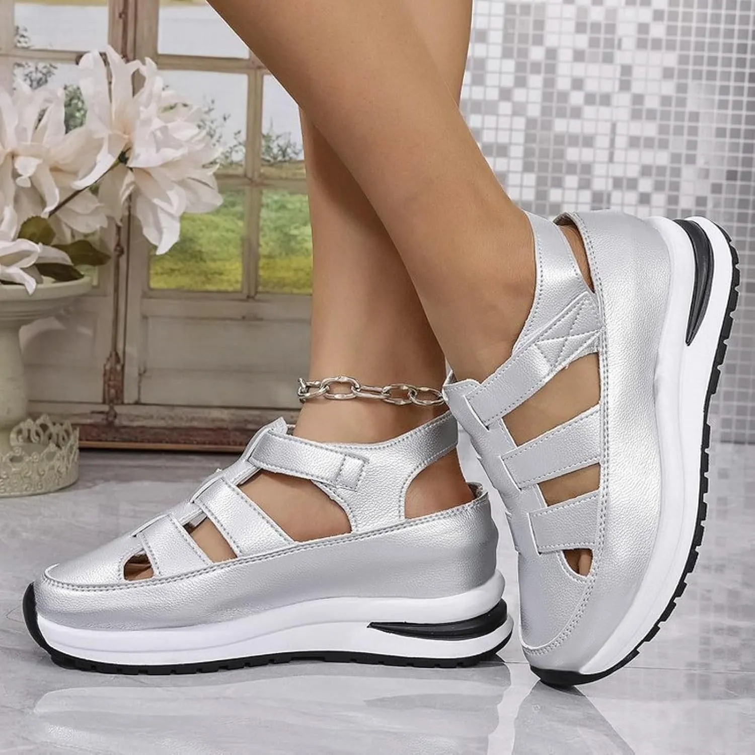 Closed Toe Hollow-Out Sandals for Women Plus Size Platform Wedge Sandals Casual Buckle Ankle Strap Shoes Summer Comfortable Weaving Shoes Height-Boosting Thick Sole Shoe