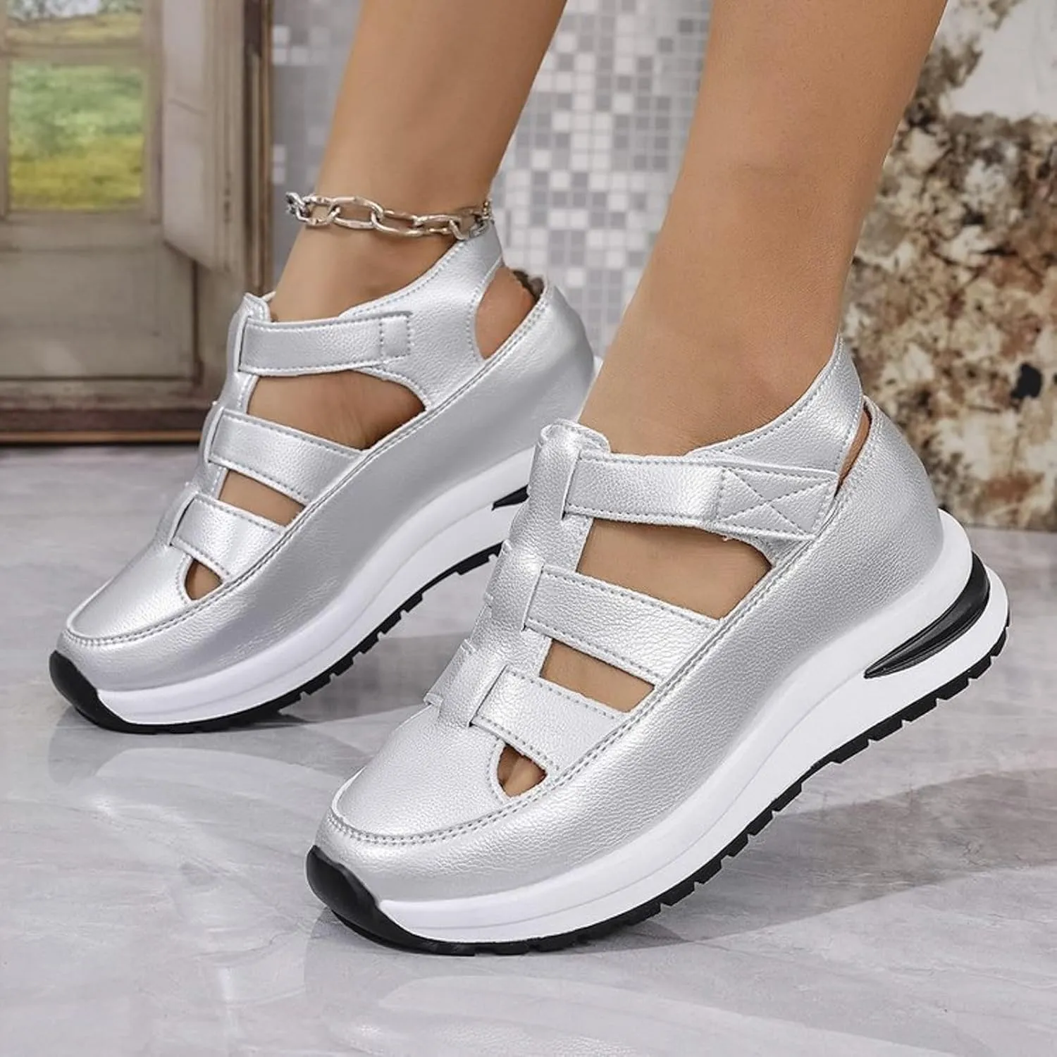 Closed Toe Hollow-Out Sandals for Women Plus Size Platform Wedge Sandals Casual Buckle Ankle Strap Shoes Summer Comfortable Weaving Shoes Height-Boosting Thick Sole Shoe