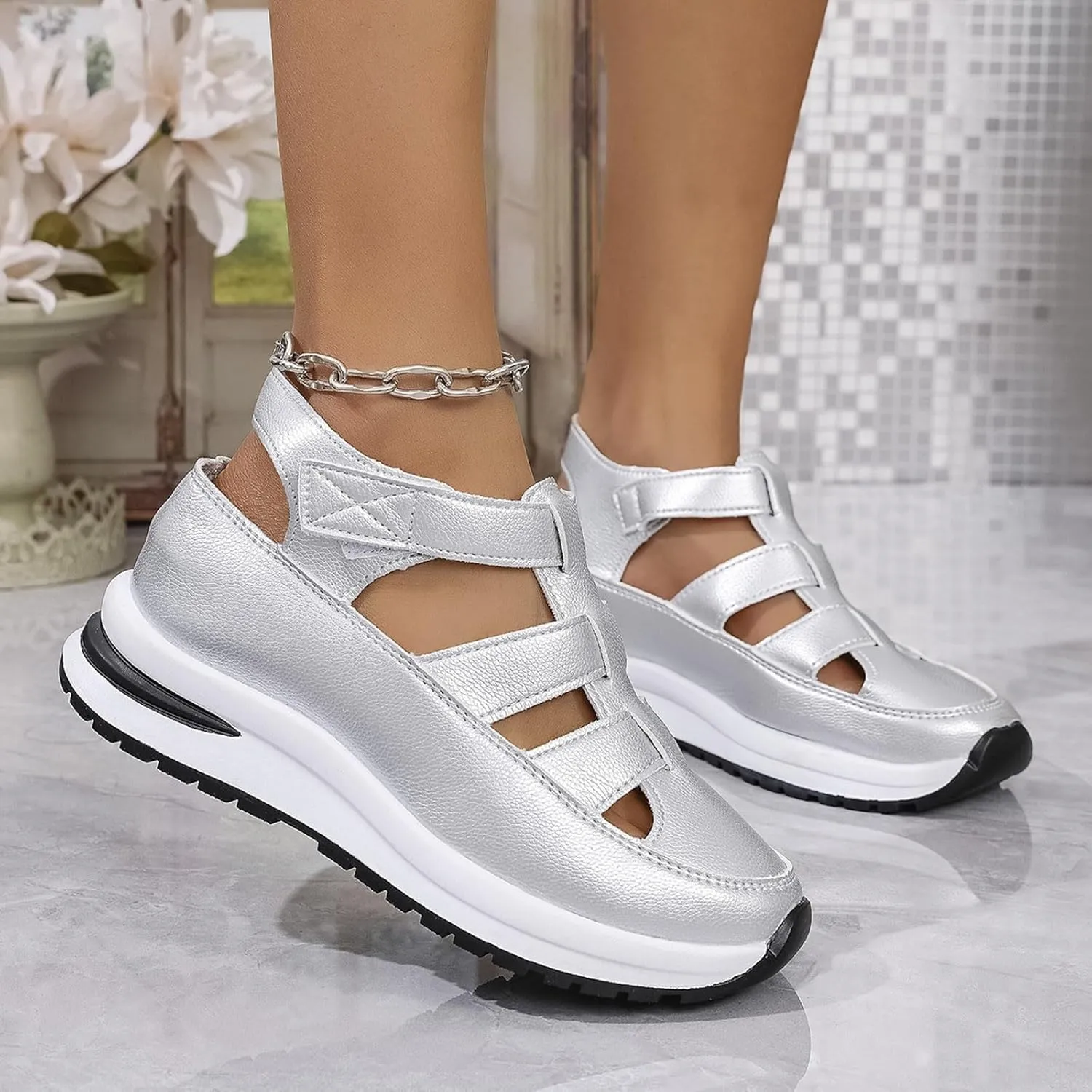 Closed Toe Hollow-Out Sandals for Women Plus Size Platform Wedge Sandals Casual Buckle Ankle Strap Shoes Summer Comfortable Weaving Shoes Height-Boosting Thick Sole Shoe