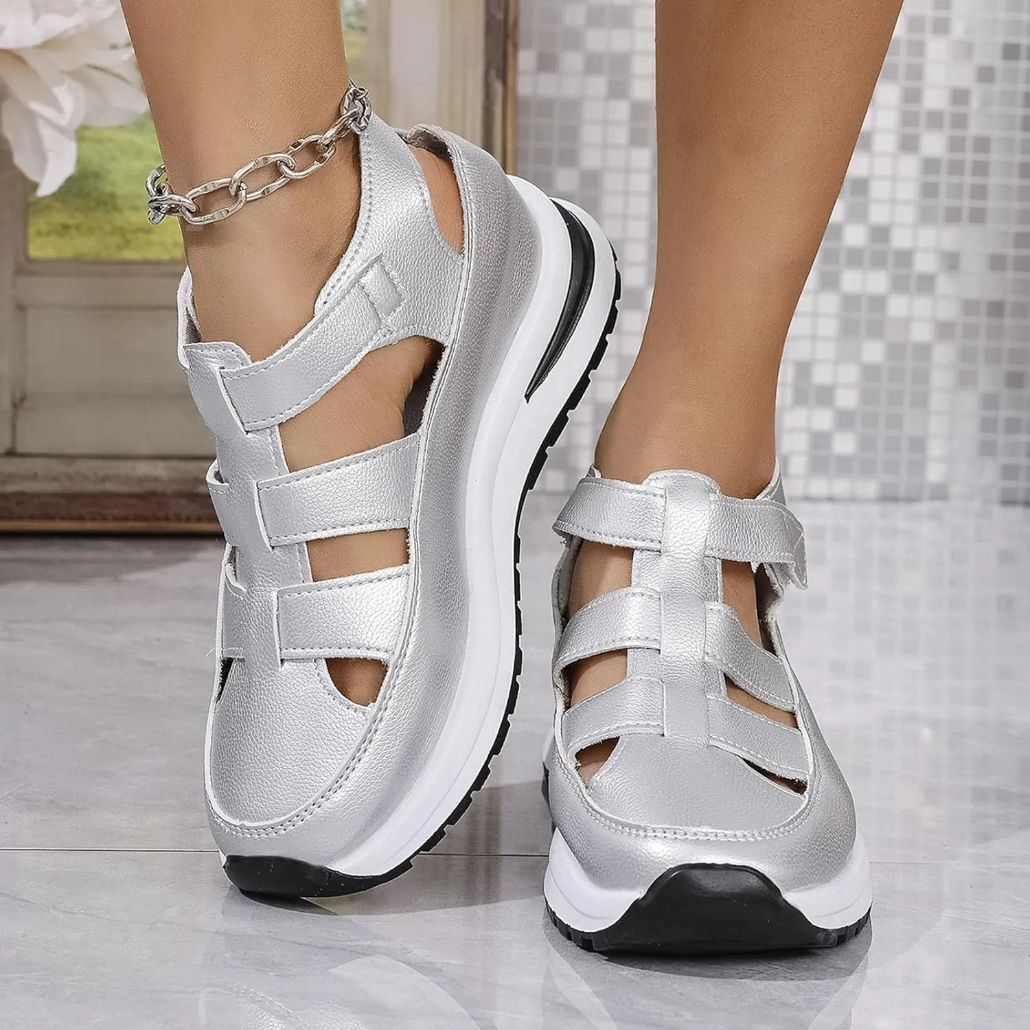 Closed Toe Hollow-Out Sandals for Women Plus Size Platform Wedge Sandals Casual Buckle Ankle Strap Shoes Summer Comfortable Weaving Shoes Height-Boosting Thick Sole Shoe