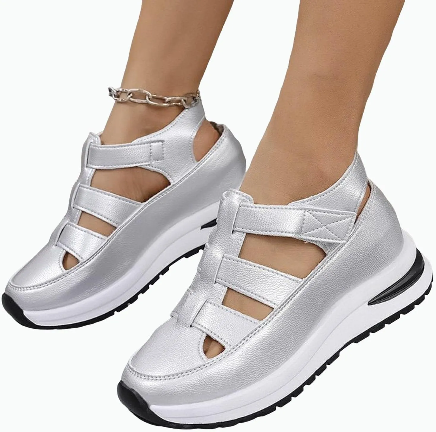 Closed Toe Hollow-Out Sandals for Women Plus Size Platform Wedge Sandals Casual Buckle Ankle Strap Shoes Summer Comfortable Weaving Shoes Height-Boosting Thick Sole Shoe
