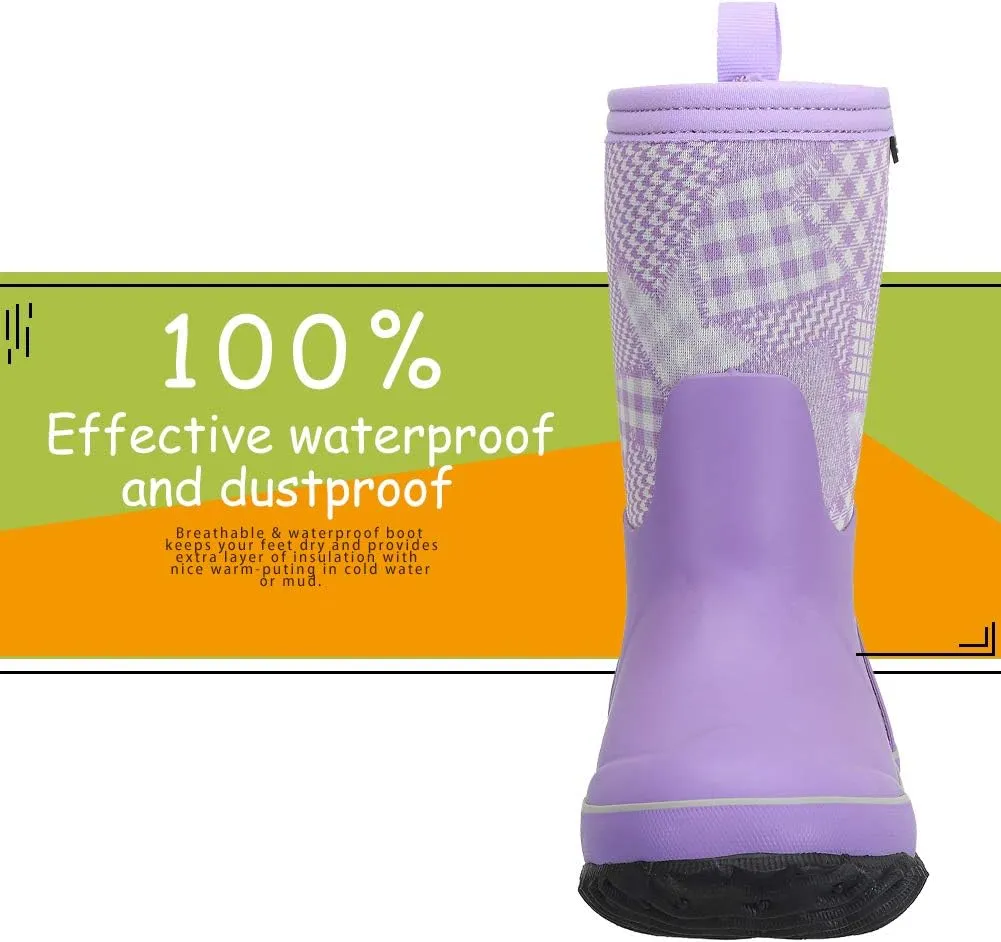 CNSBOR Kids Waterproof Insulated Rubber Neoprene Rain Boots with Easy on Rainboot for Youth