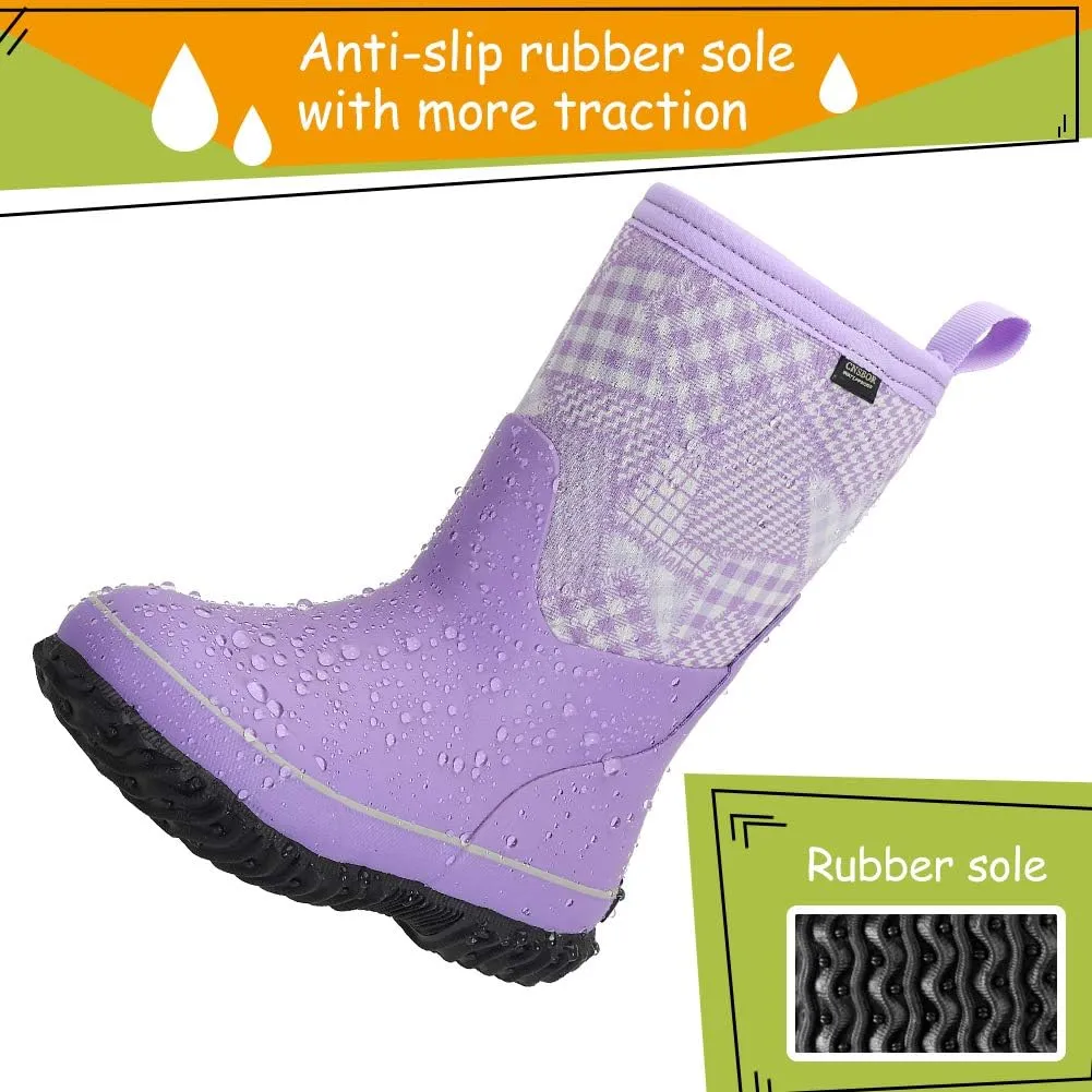 CNSBOR Kids Waterproof Insulated Rubber Neoprene Rain Boots with Easy on Rainboot for Youth