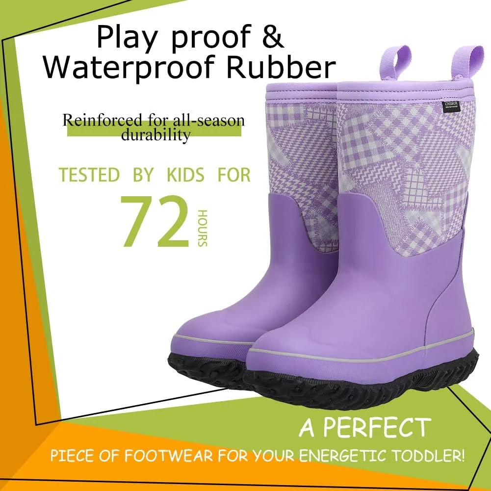 CNSBOR Kids Waterproof Insulated Rubber Neoprene Rain Boots with Easy on Rainboot for Youth