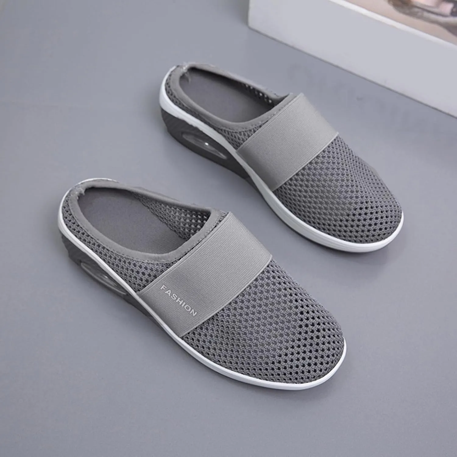 Diabetic Air-Cushion Slip-On Walking Shoes Summer Backless Walking Mules Orthopedic Diabetic Slippers Breathable Mesh Air Cushion Shoe Open Back Slip On Shoe Lightweight Slippers with Arch-Support