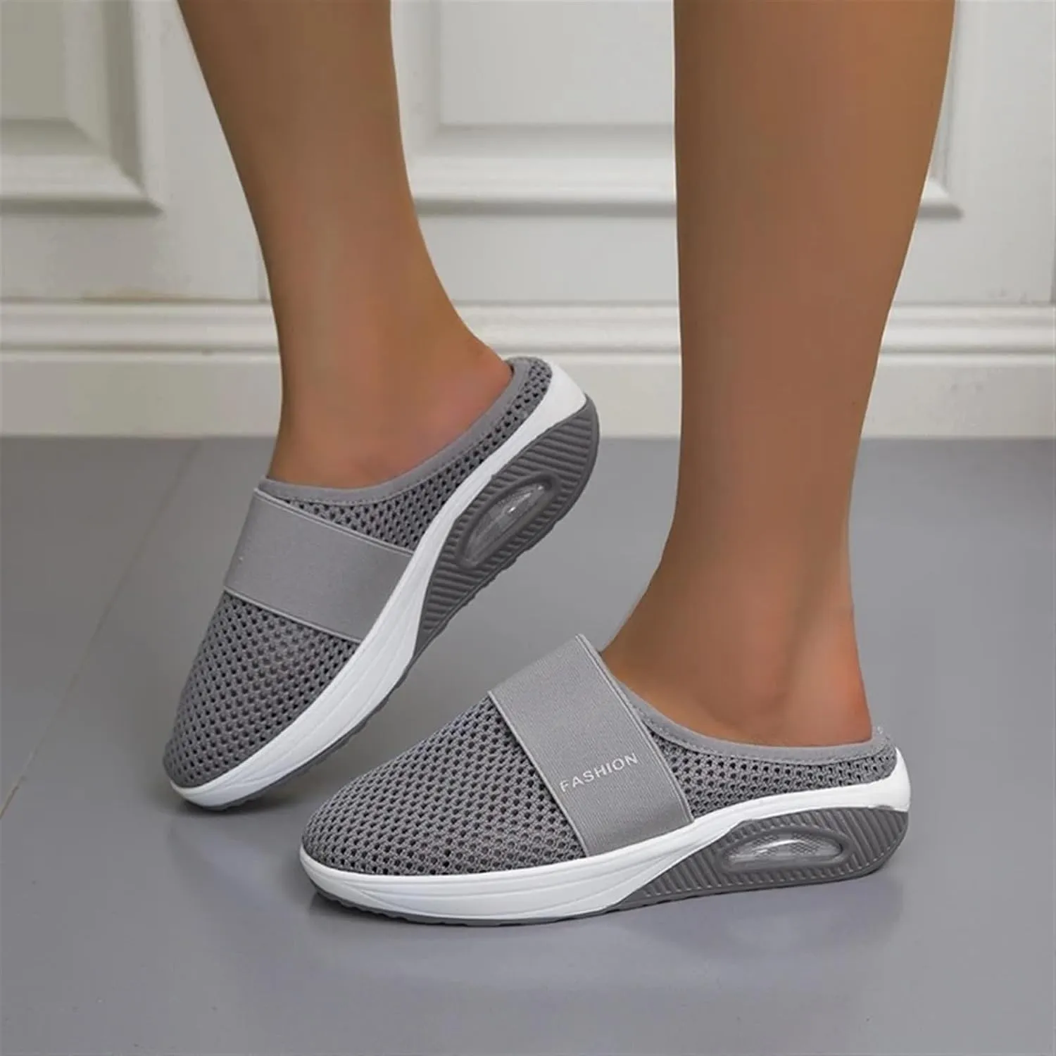Diabetic Air-Cushion Slip-On Walking Shoes Summer Backless Walking Mules Orthopedic Diabetic Slippers Breathable Mesh Air Cushion Shoe Open Back Slip On Shoe Lightweight Slippers with Arch-Support