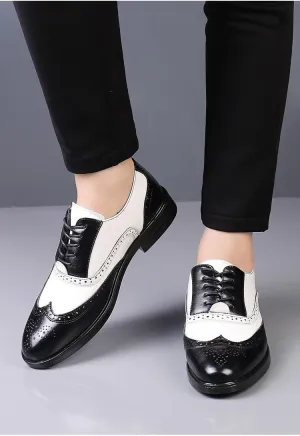 Dress Oxford for Men Lace Up Brogue Embossed Wing tip Two Tone Vegan Leather Oxford Shoes Anti-Slip Block Heel Low Top Slip Resistant Prom