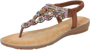 Eduavar Womens Sandals Summer Beach Elastic Ankle Strap Jeweled Bohemian Shoes Casual Dressy Walking Flats Thong Sandals