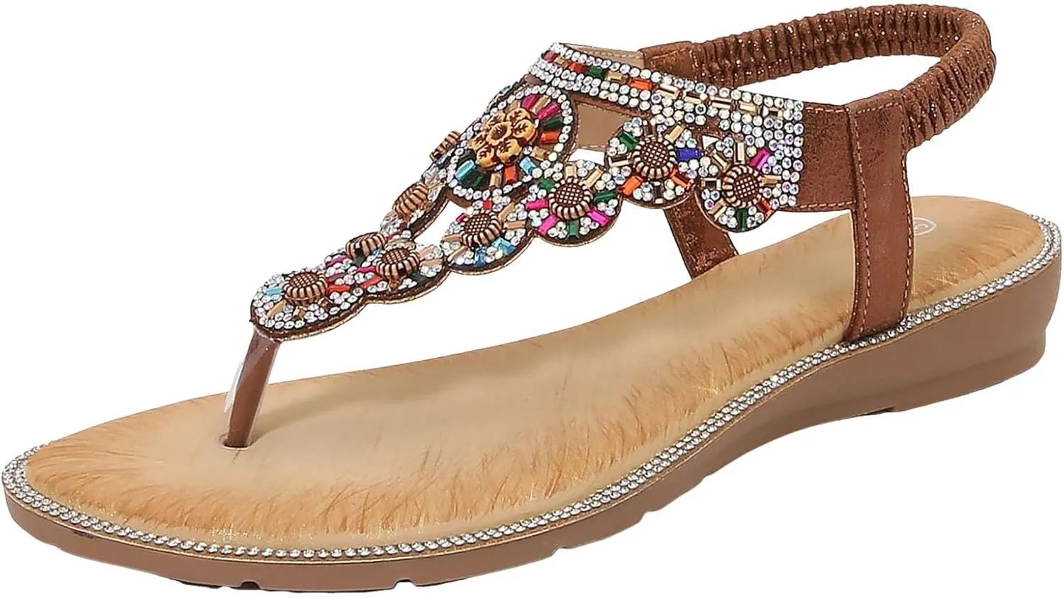 Eduavar Womens Sandals Summer Beach Elastic Ankle Strap Jeweled Bohemian Shoes Casual Dressy Walking Flats Thong Sandals
