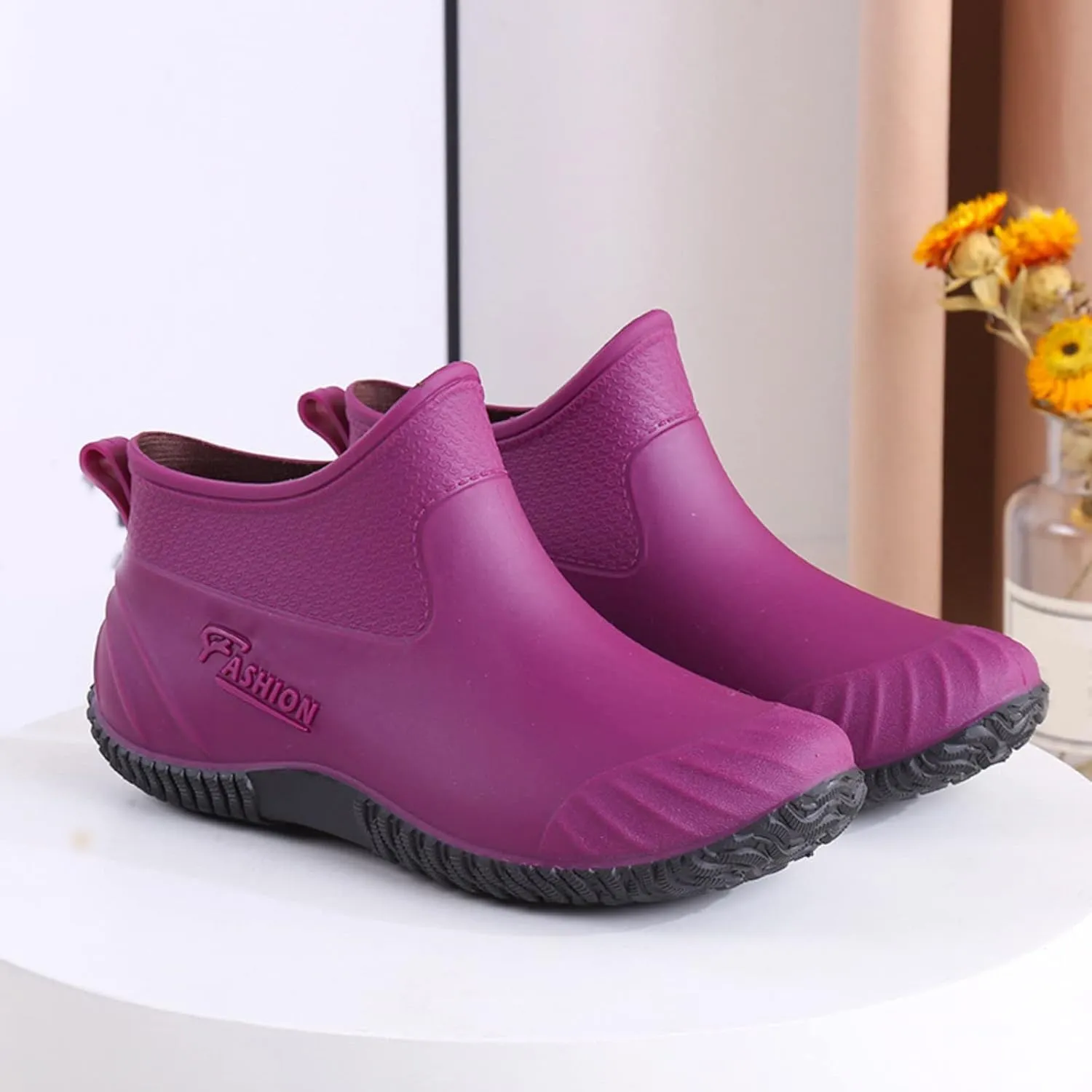 Fashion Woman Rain Shoes Outdoor Waterproof Women's Ankle Garden Boots Shoes Women Insulated Rain Boots (Purple, 7)