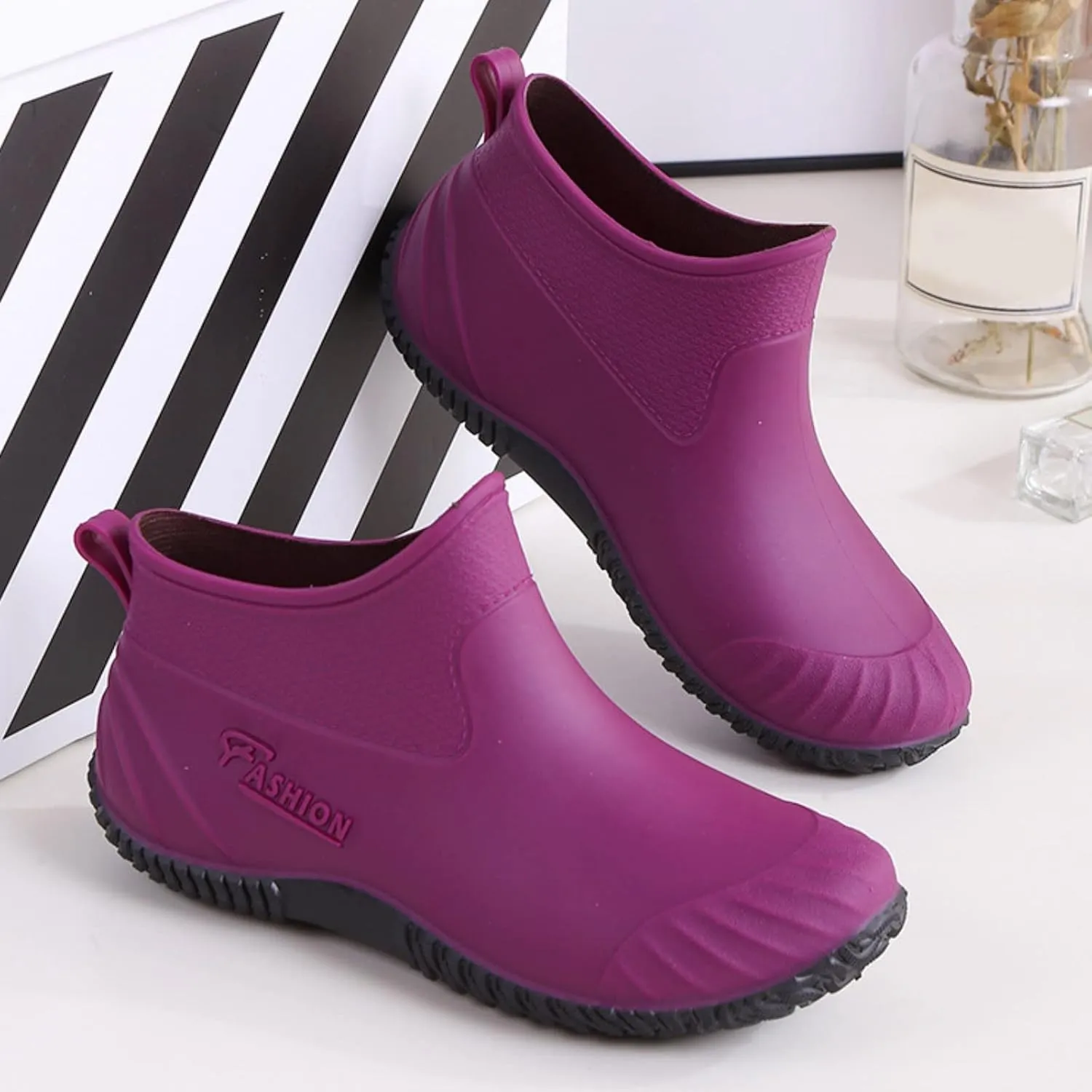 Fashion Woman Rain Shoes Outdoor Waterproof Women's Ankle Garden Boots Shoes Women Insulated Rain Boots (Purple, 7)
