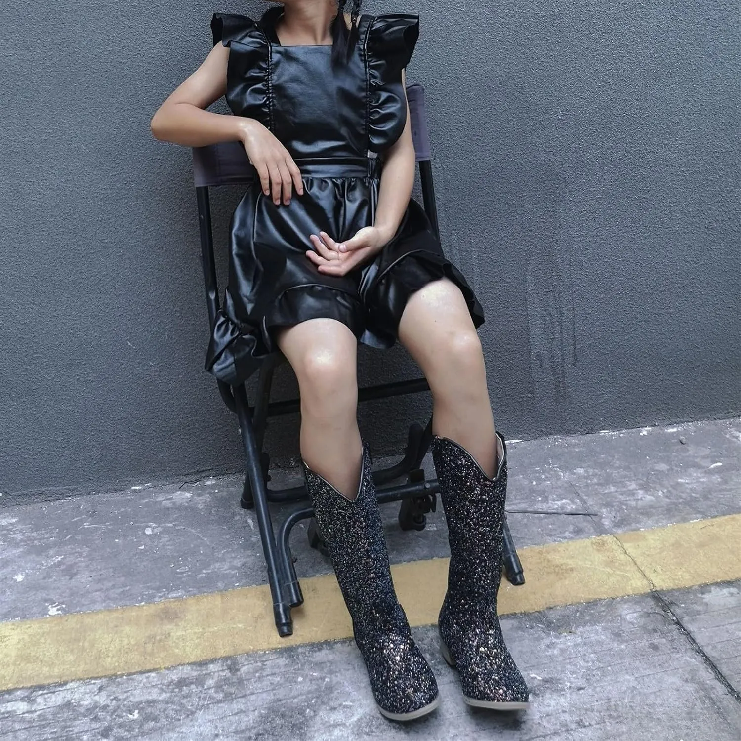 Girls Sequin Sparkly Cowboy Boots Kids hinestone Glitter Low Heel Wedding Dress Booties Western Pointed Toe Shoes