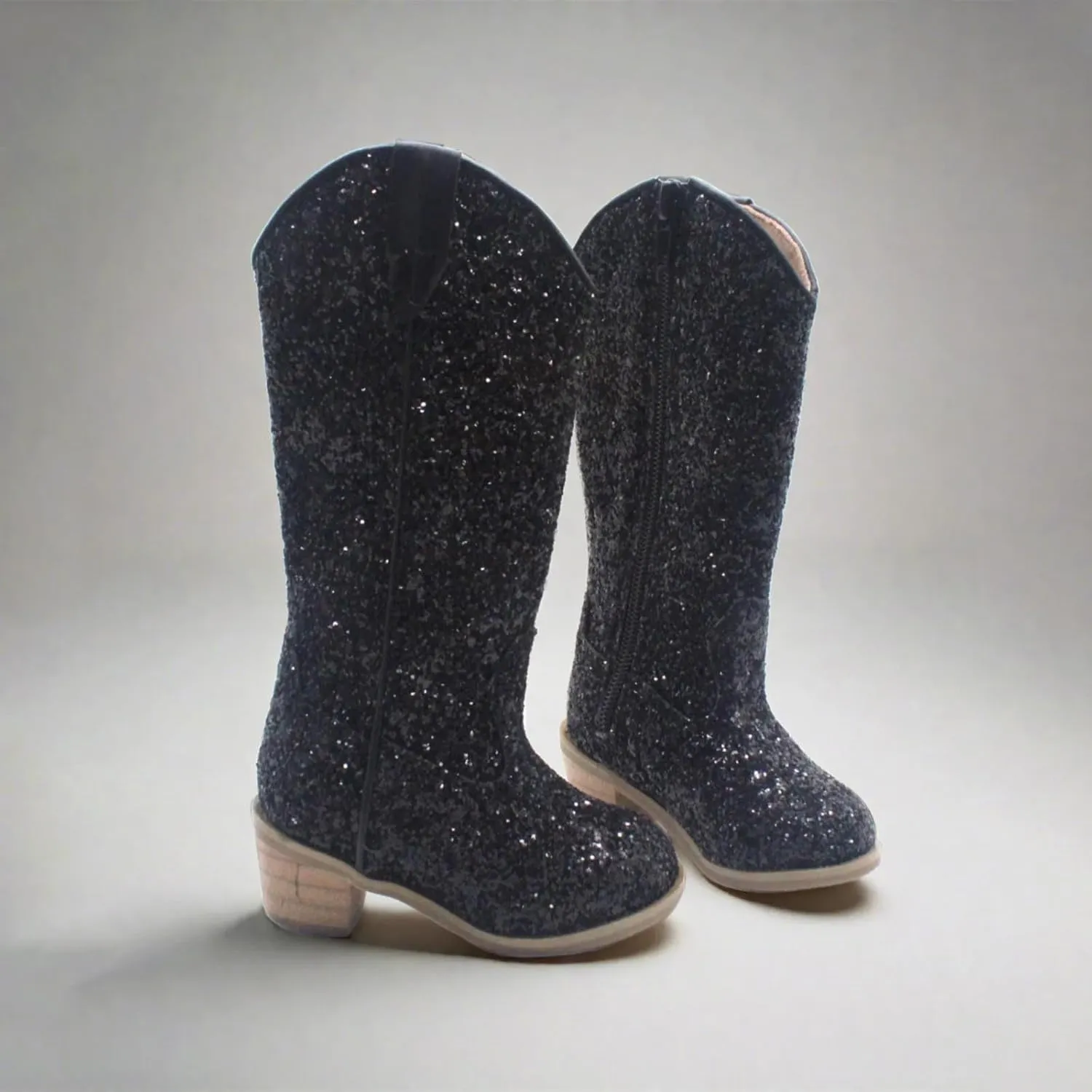 Girls Sequin Sparkly Cowboy Boots Kids hinestone Glitter Low Heel Wedding Dress Booties Western Pointed Toe Shoes