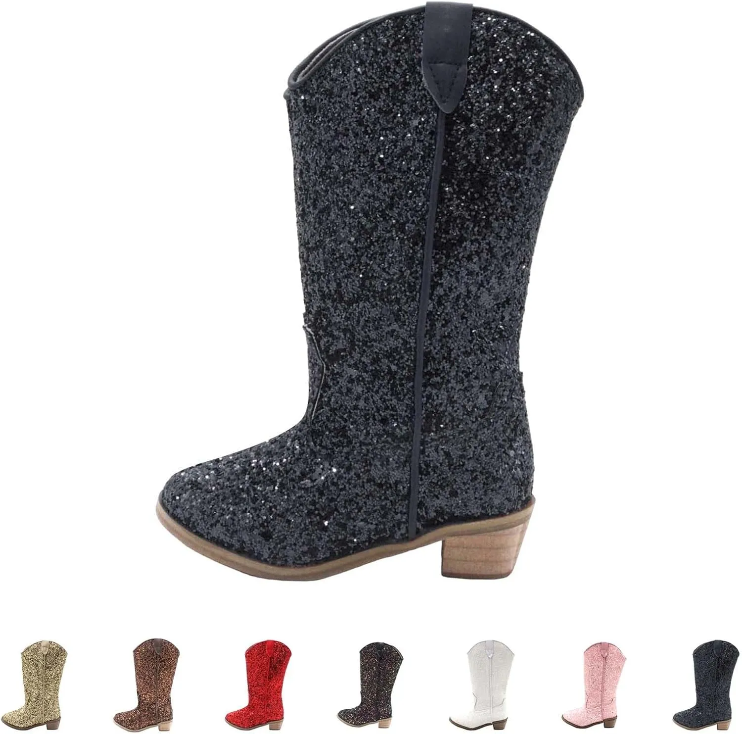 Girls Sequin Sparkly Cowboy Boots Kids hinestone Glitter Low Heel Wedding Dress Booties Western Pointed Toe Shoes