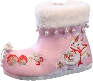 Girls Shoes Embroidery Shoes Girls Boots Winter Tang Dress New Year Cotton Boots Cake Rabbit Girls Heeled Shoes