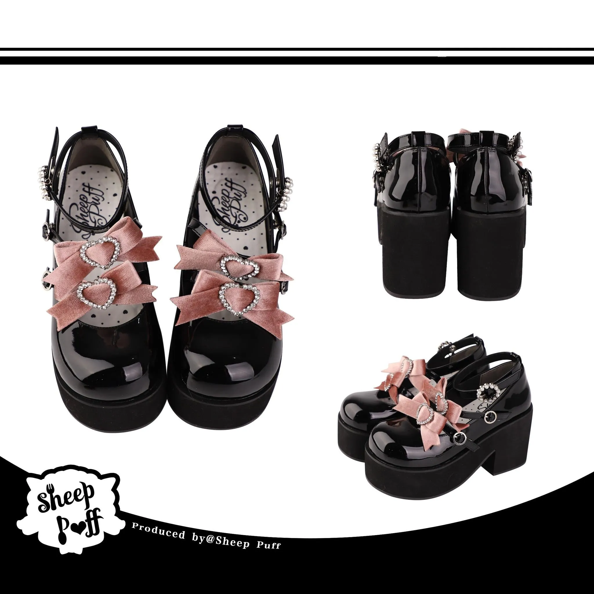 Jirai Kei Black Platform Shoes With Bow and Rhinestone