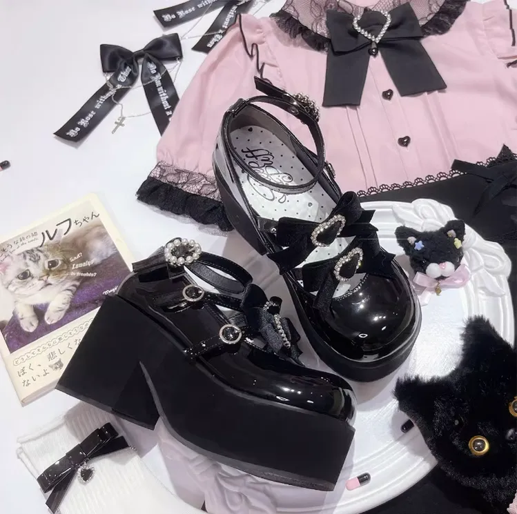 Jirai Kei Black Platform Shoes With Bow and Rhinestone