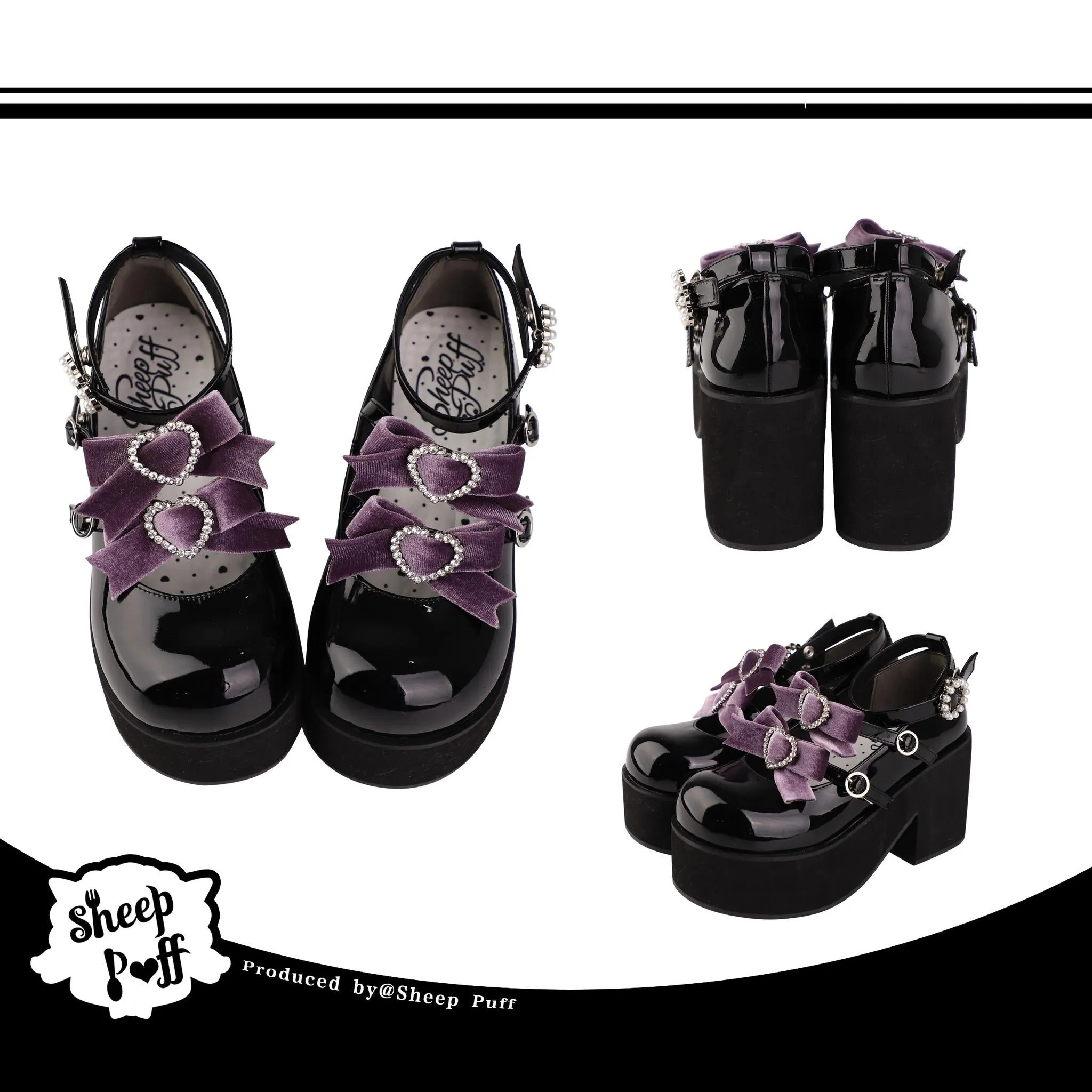 Jirai Kei Black Platform Shoes With Bow and Rhinestone