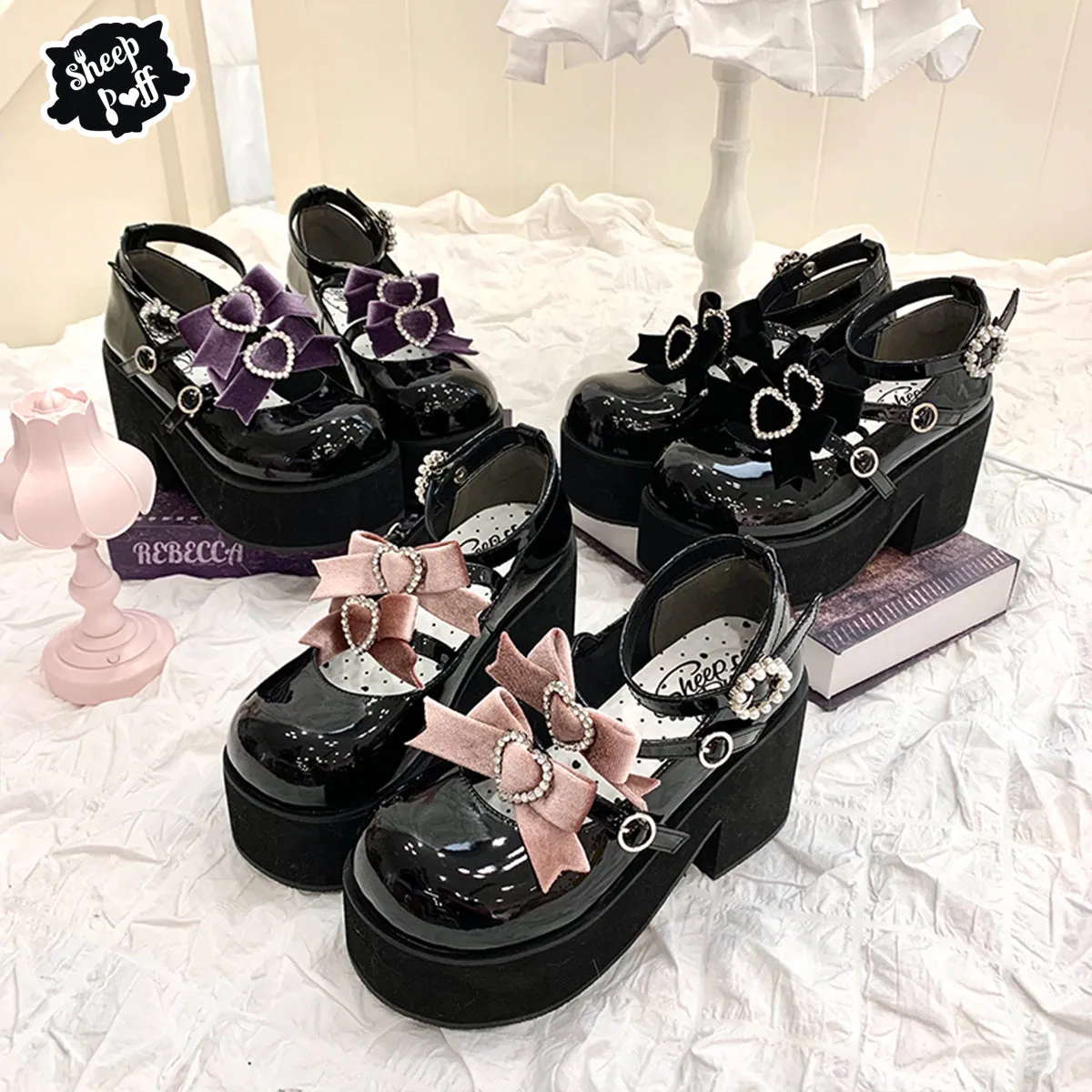 Jirai Kei Black Platform Shoes With Bow and Rhinestone