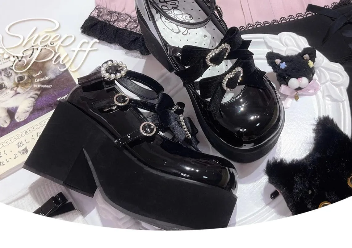 Jirai Kei Black Platform Shoes With Bow and Rhinestone