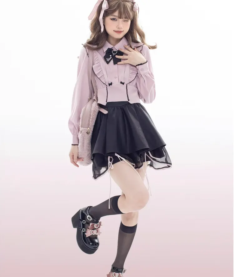 Jirai Kei Black Platform Shoes With Bow and Rhinestone