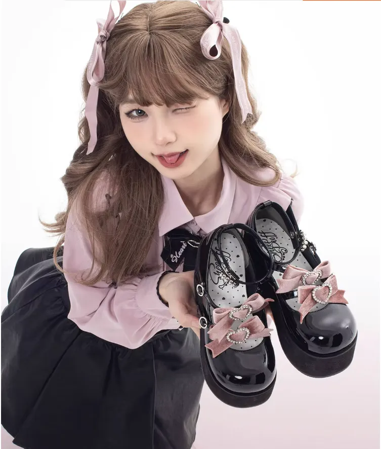 Jirai Kei Black Platform Shoes With Bow and Rhinestone