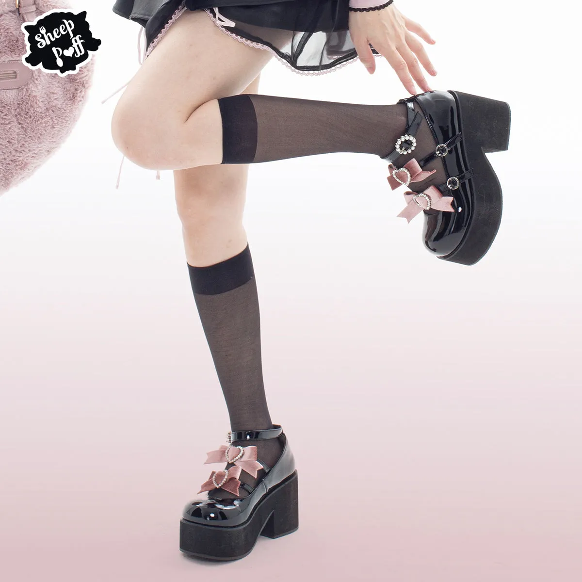 Jirai Kei Black Platform Shoes With Bow and Rhinestone