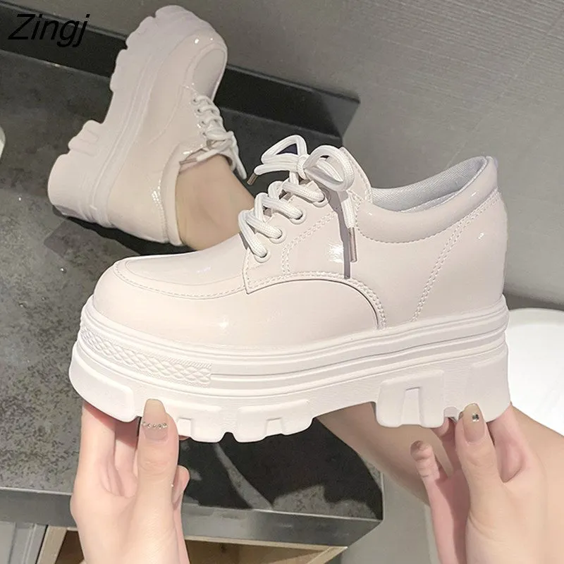 kamames Autumn Women Platform Sneakers Chunky Ulzzang Fashion Ladies Casual Shoes Woman Leather Tenis Female White Black 6cm High