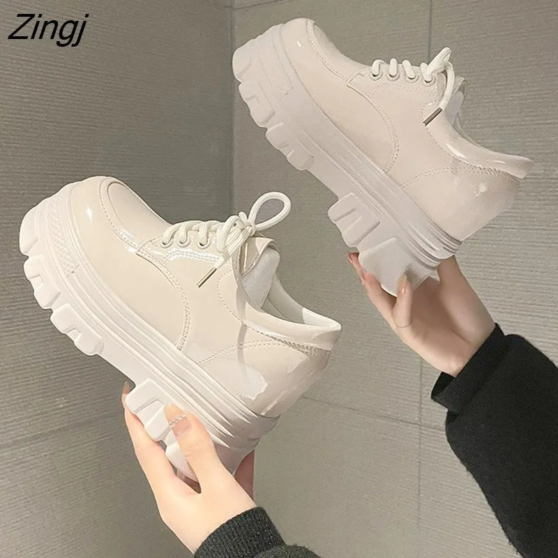 kamames Autumn Women Platform Sneakers Chunky Ulzzang Fashion Ladies Casual Shoes Woman Leather Tenis Female White Black 6cm High