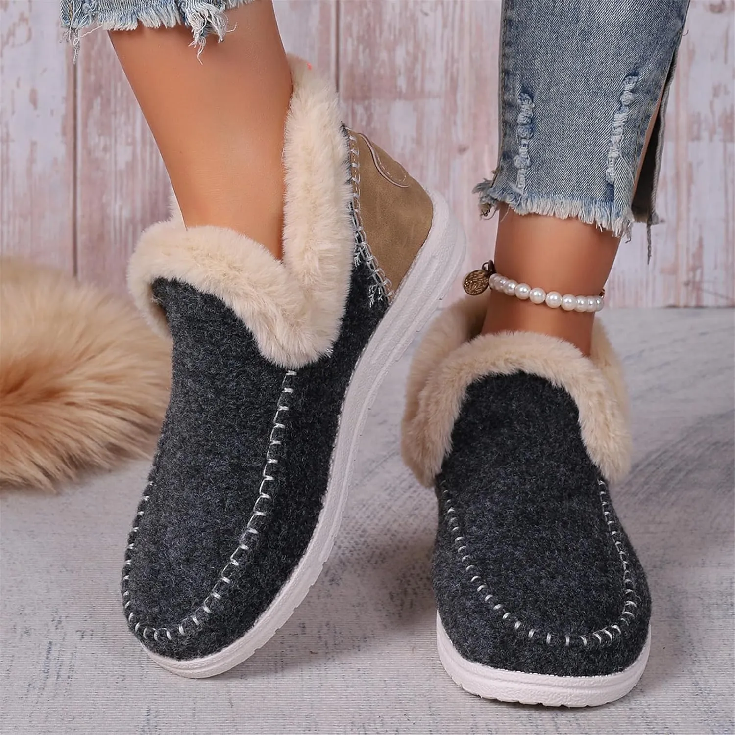 Ladmiple Boots For Women Ankle Booties Winter Casual Slip-on Warm Loafers Shoes Fur-Lined Comfortable Lightweight Snow Boots