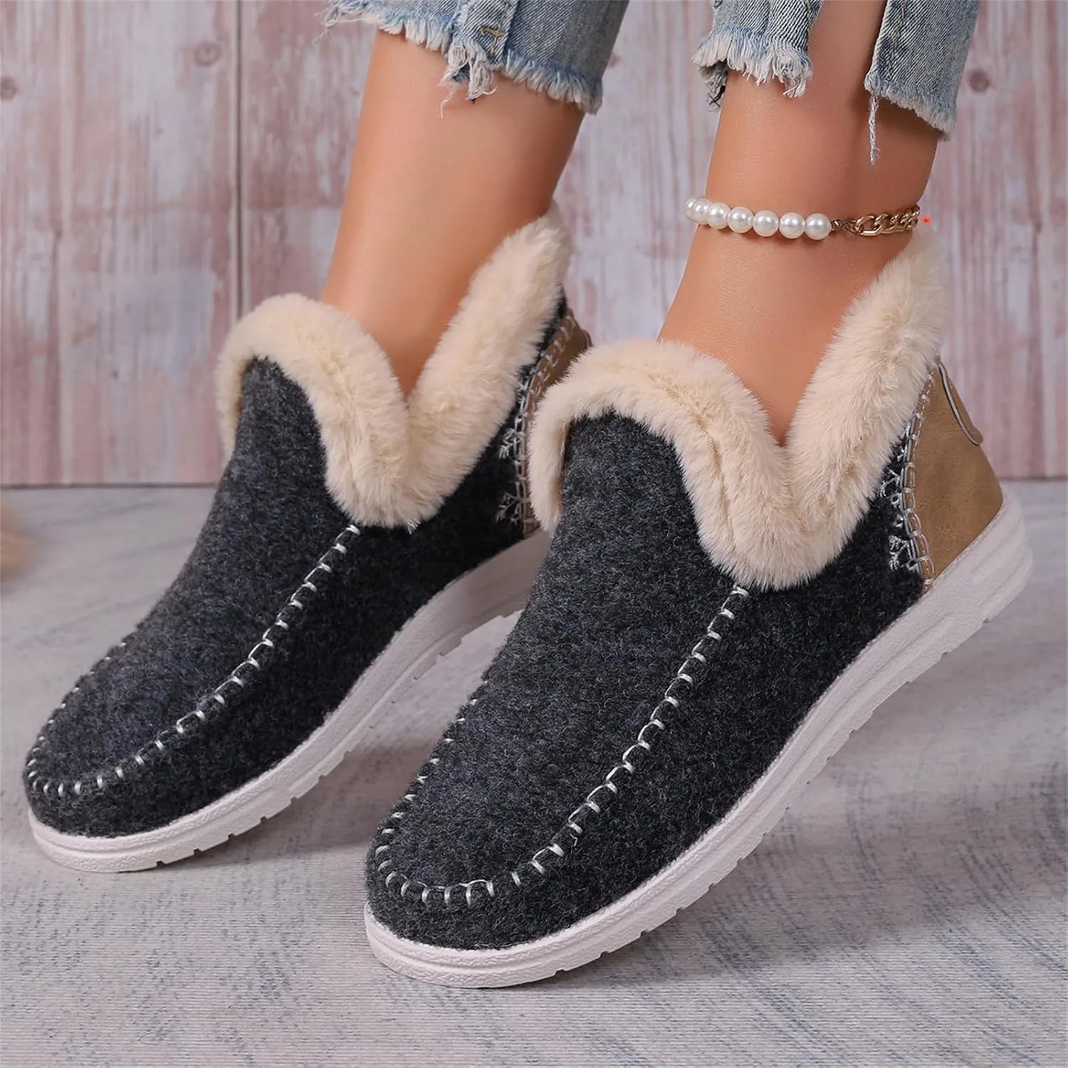 Ladmiple Boots For Women Ankle Booties Winter Casual Slip-on Warm Loafers Shoes Fur-Lined Comfortable Lightweight Snow Boots