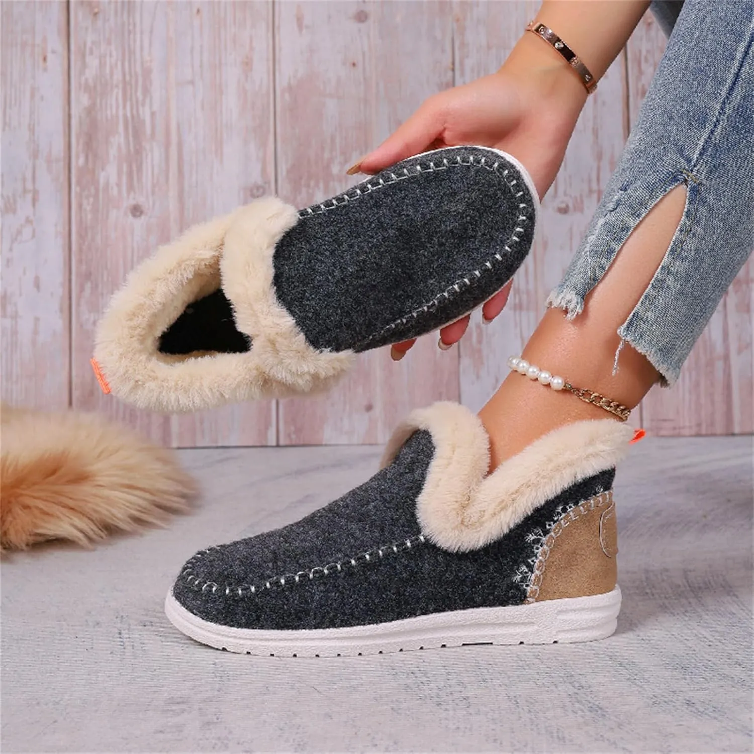Ladmiple Boots For Women Ankle Booties Winter Casual Slip-on Warm Loafers Shoes Fur-Lined Comfortable Lightweight Snow Boots
