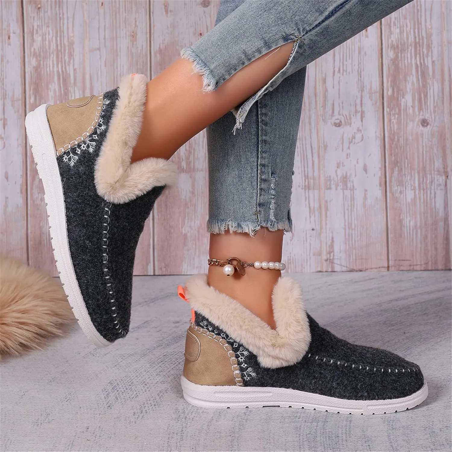 Ladmiple Boots For Women Ankle Booties Winter Casual Slip-on Warm Loafers Shoes Fur-Lined Comfortable Lightweight Snow Boots