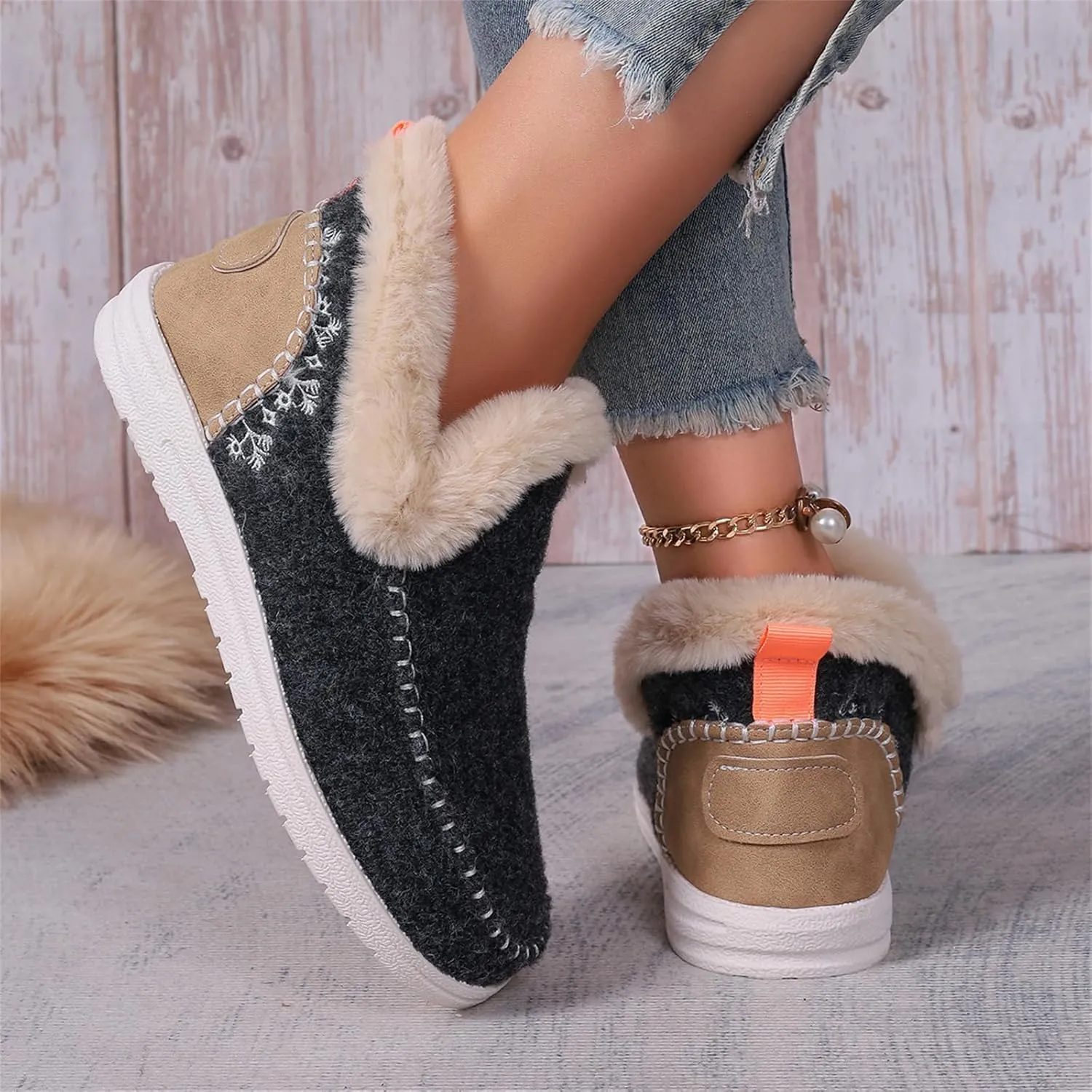 Ladmiple Boots For Women Ankle Booties Winter Casual Slip-on Warm Loafers Shoes Fur-Lined Comfortable Lightweight Snow Boots