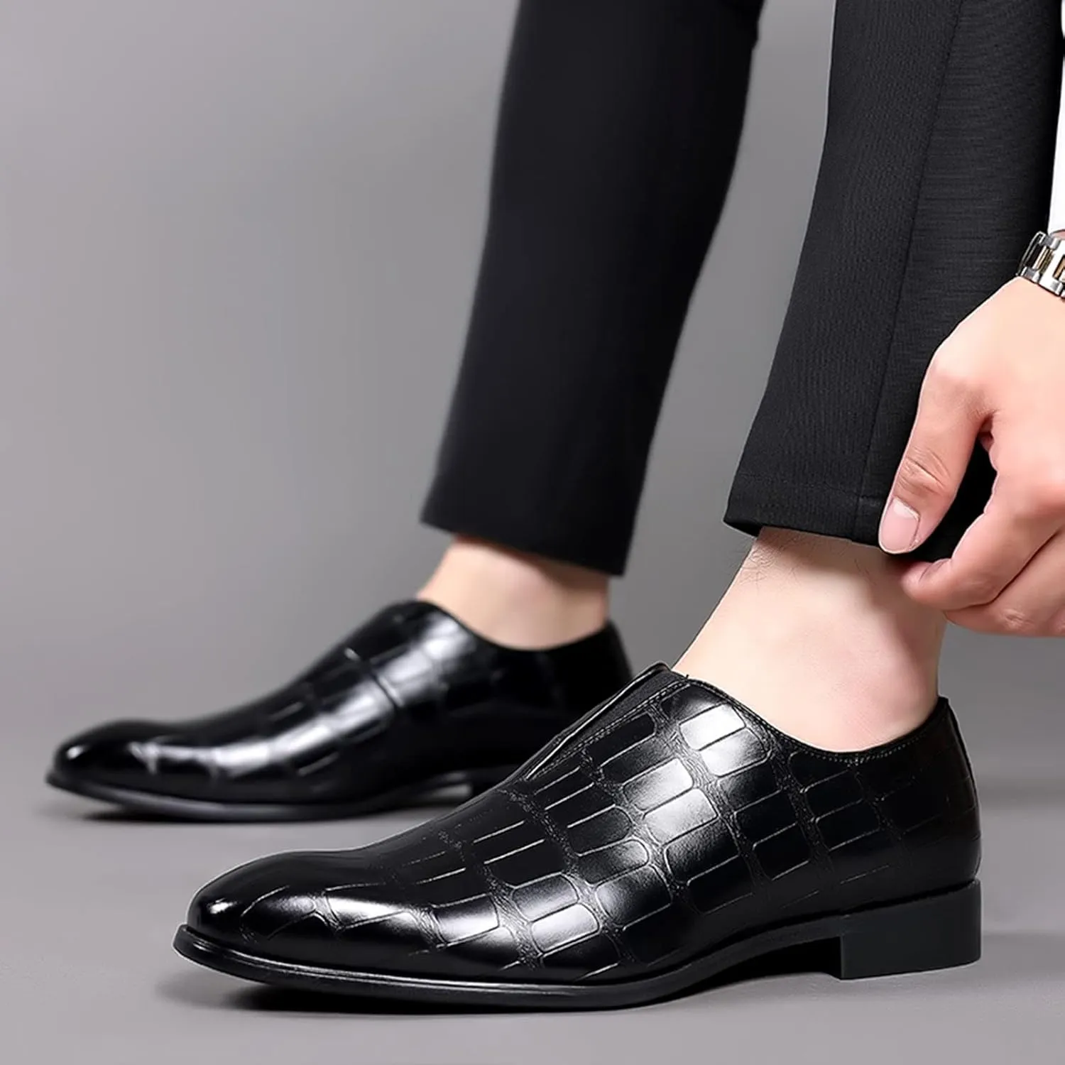 Leather Shoe Laces for Mens Sneakers Classical Style Shoes for Men Slip On PU Leather Low Rubber Sole Block Heel Work Leather Work Shoes