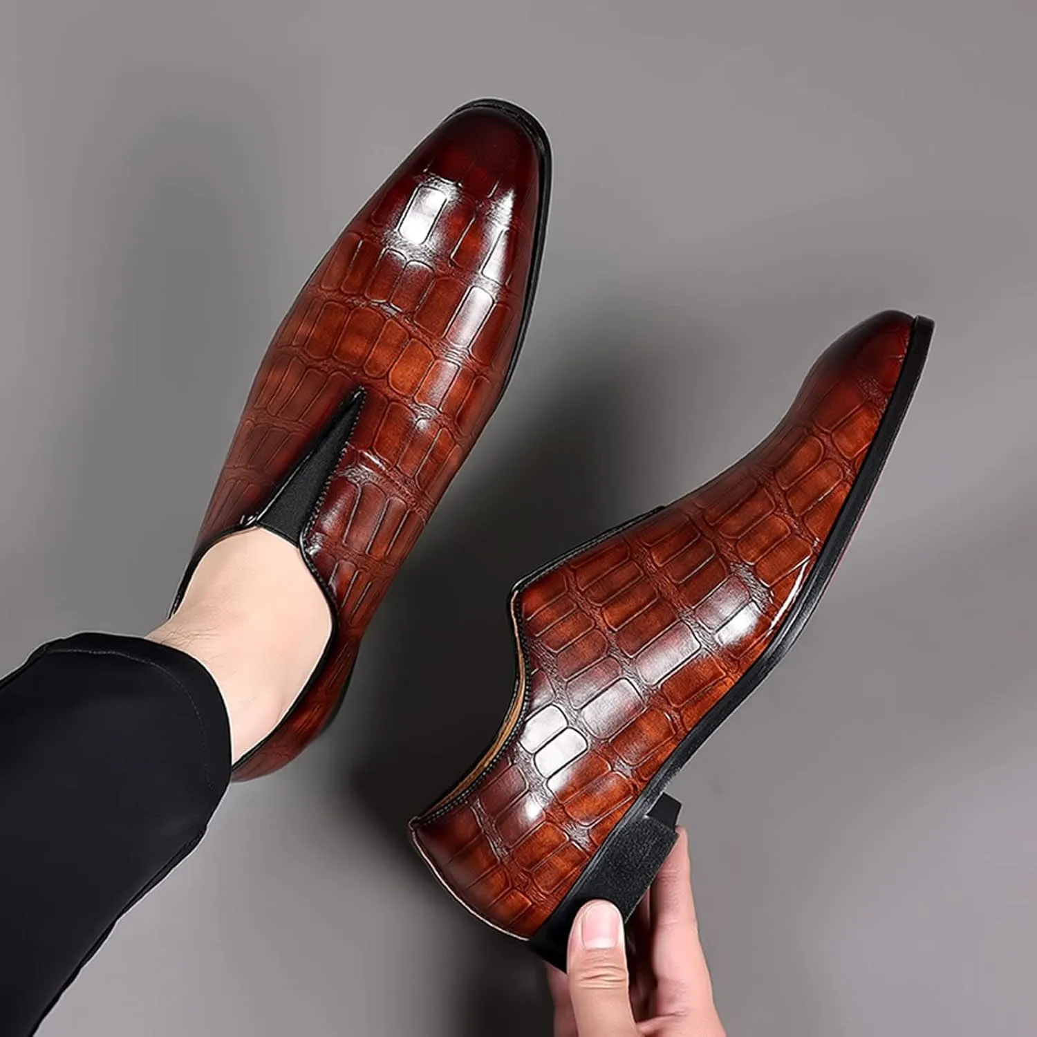 Leather Shoe Laces for Mens Sneakers Classical Style Shoes for Men Slip On PU Leather Low Rubber Sole Block Heel Work Leather Work Shoes