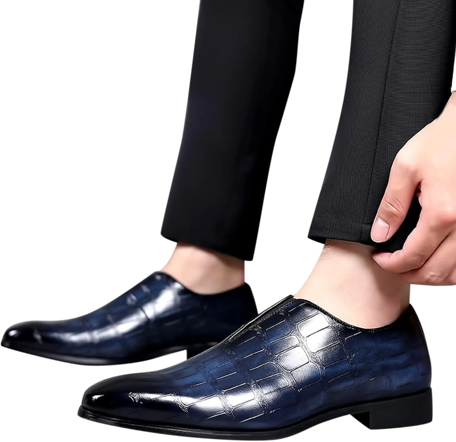 Leather Shoes 11 Men Classical Style Shoes for Men Slip On PU Leather Low Rubber Sole Block Heel Work Leather Shoes for Mens (Blue, 12)