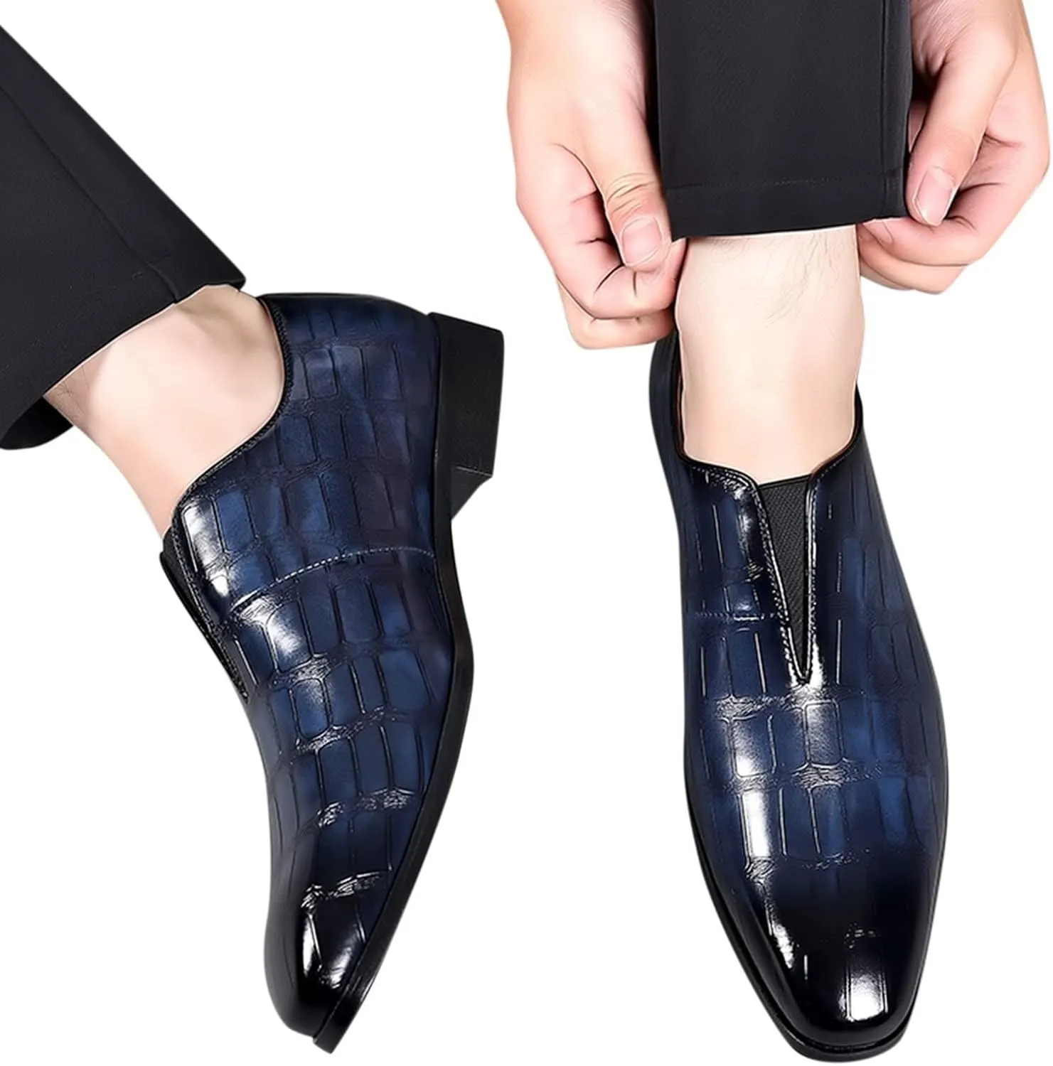 Leather Shoes 11 Men Classical Style Shoes for Men Slip On PU Leather Low Rubber Sole Block Heel Work Leather Shoes for Mens (Blue, 12)
