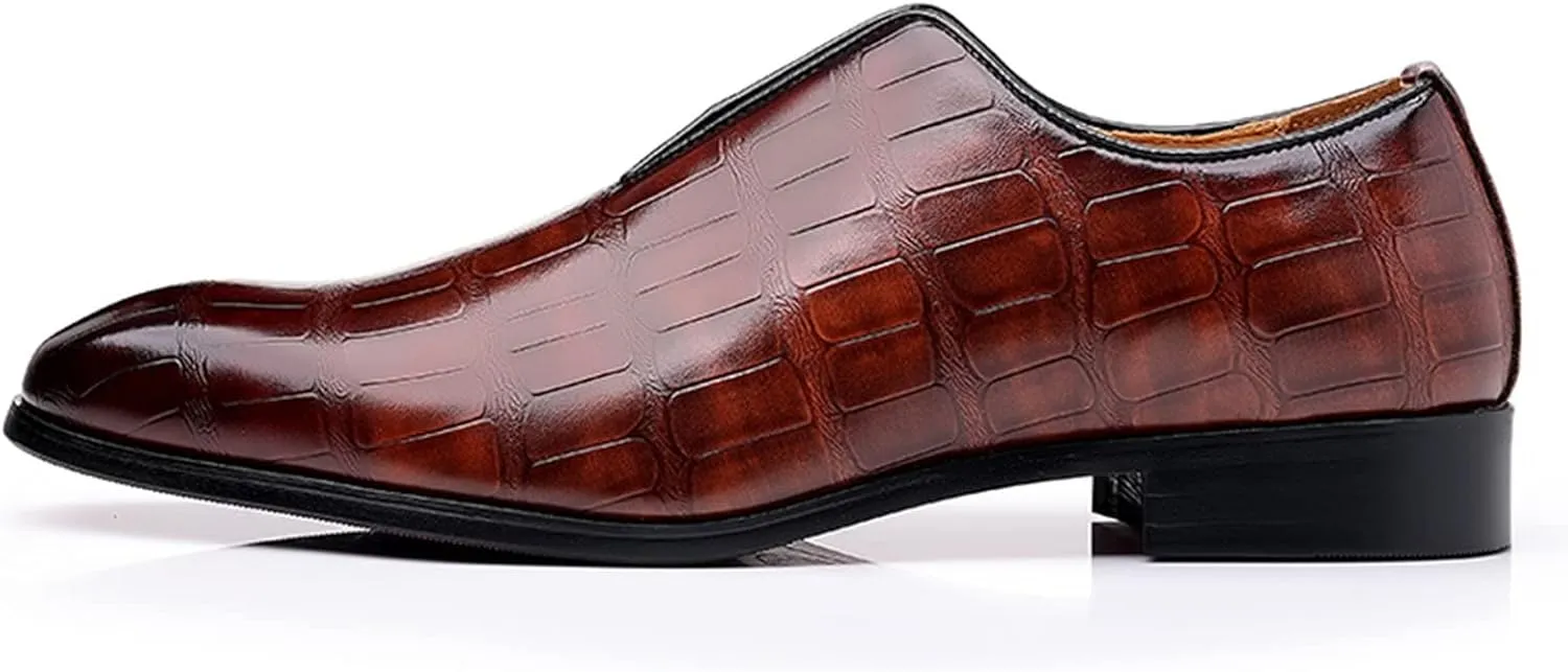 Leather Shoes Formal Classical Style Shoes for Men Slip On PU Leather Low Rubber Sole Block Heel Work Mens Leather Shoe (Brown, 13.5)
