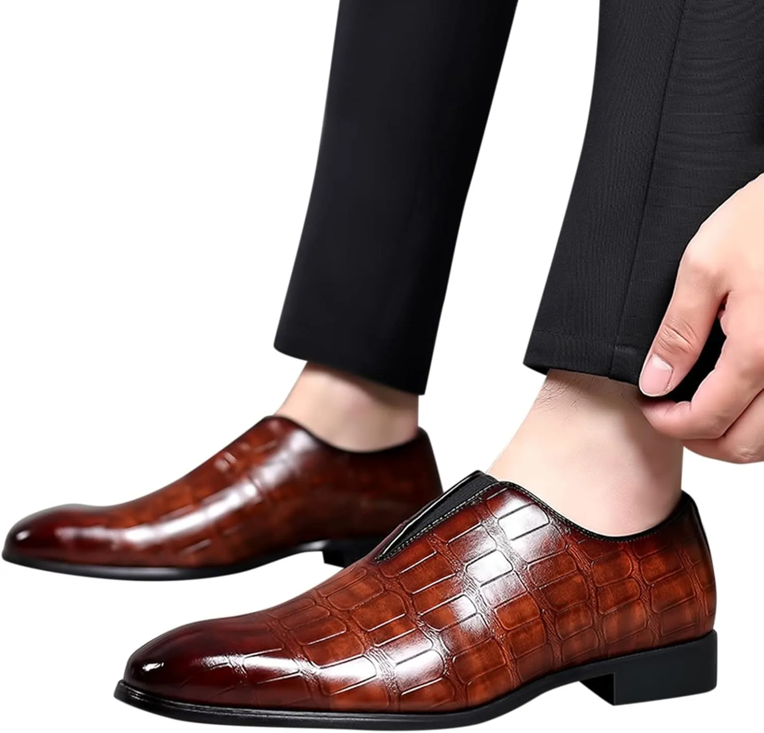 Leather Shoes Formal Classical Style Shoes for Men Slip On PU Leather Low Rubber Sole Block Heel Work Mens Leather Shoe (Brown, 13.5)