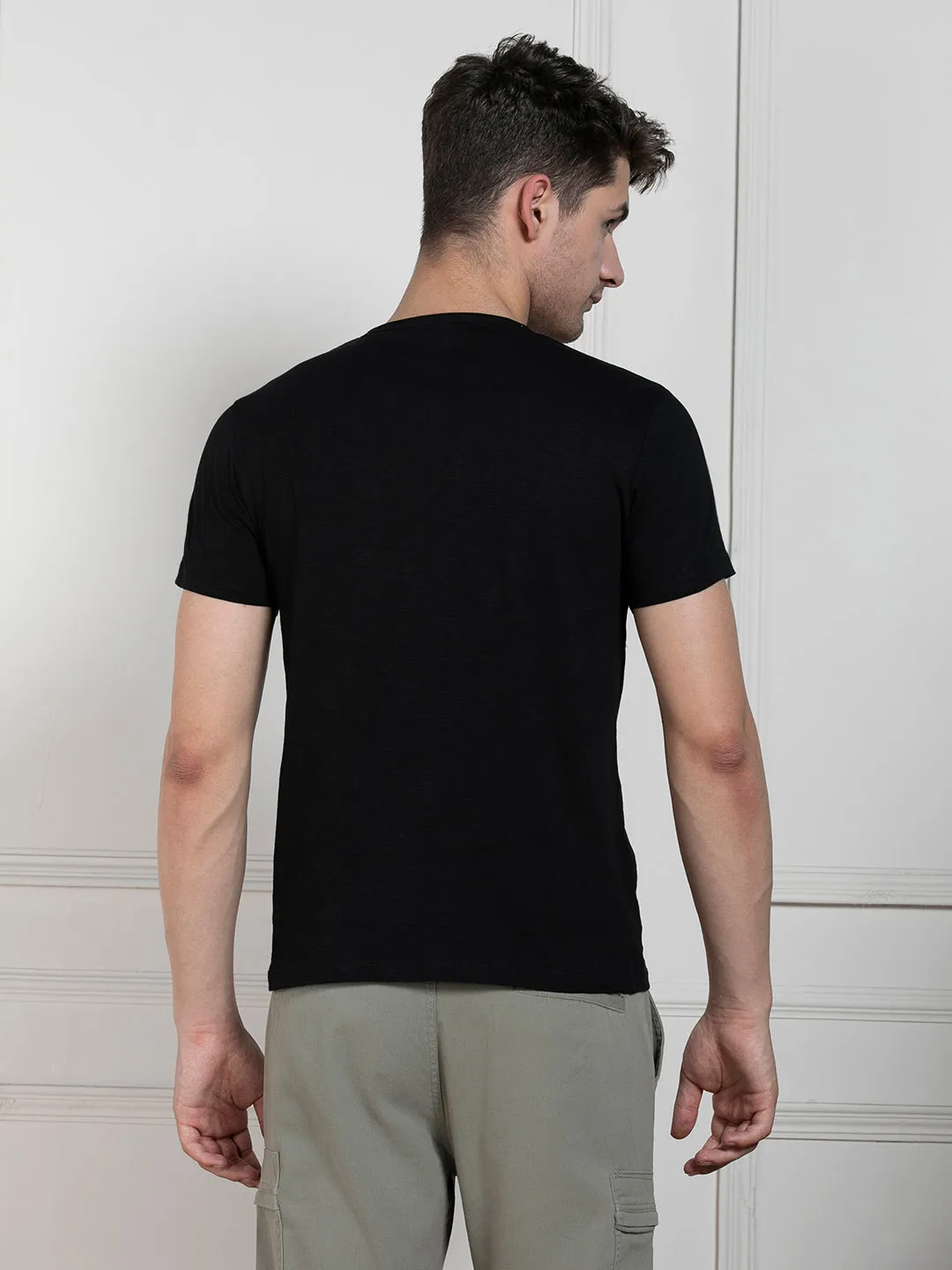 Men's Black Henley Neck Solid Regular Fit T-Shirt