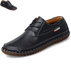 Men's Leather Hand Sewn Loafers, Summer Genuine Leather Low Top Breathable Leather Shoes, Casual Super Soft Flat Men's Shoes. (Black,10)