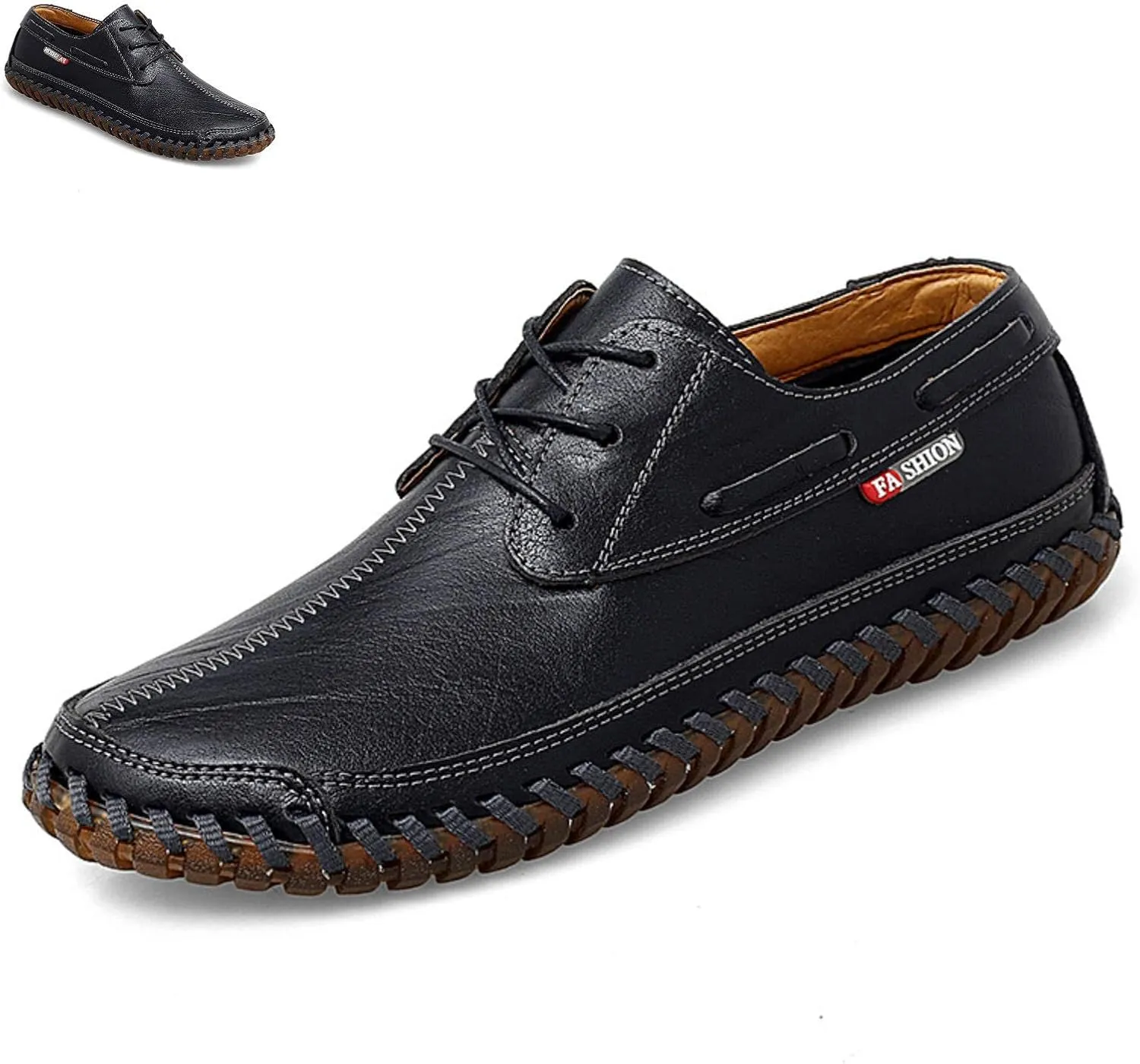 Men's Leather Hand Sewn Loafers, Summer Genuine Leather Low Top Breathable Leather Shoes, Casual Super Soft Flat Men's Shoes. (Black,10)