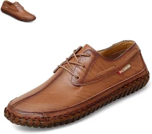 Men's Leather Hand Sewn Loafers, Summer Genuine Leather Low Top Breathable Leather Shoes, Casual Super Soft Flat Men's Shoes. (Red Brown,8.5)
