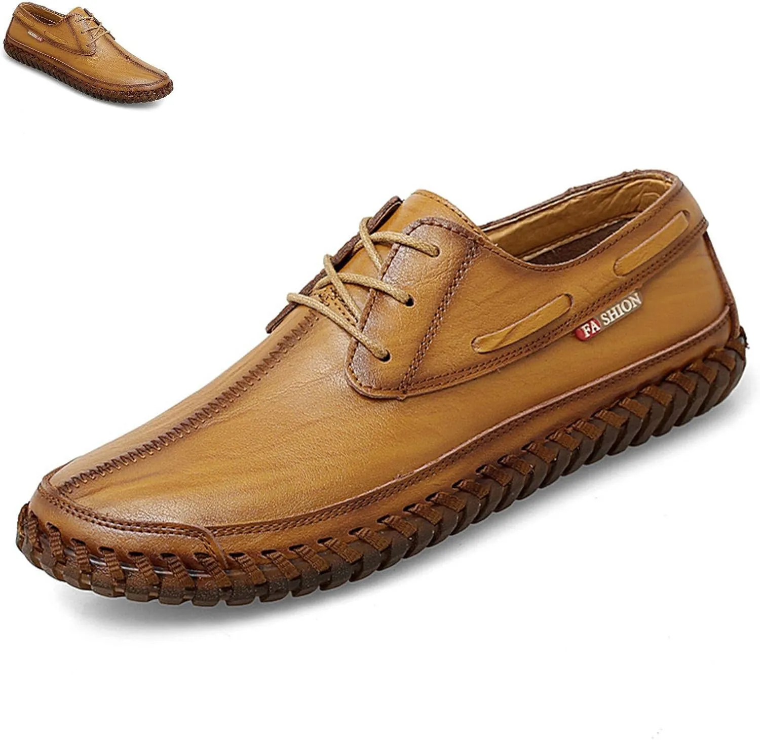 Men's Leather Hand Sewn Loafers, Summer Genuine Leather Low Top Breathable Leather Shoes, Casual Super Soft Flat Men's Shoes. (Yellow Brown,6)