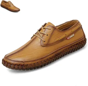 Men's Leather Hand Sewn Loafers, Summer Genuine Leather Low Top Breathable Leather Shoes, Casual Super Soft Flat Men's Shoes. (Yellow Brown,6)