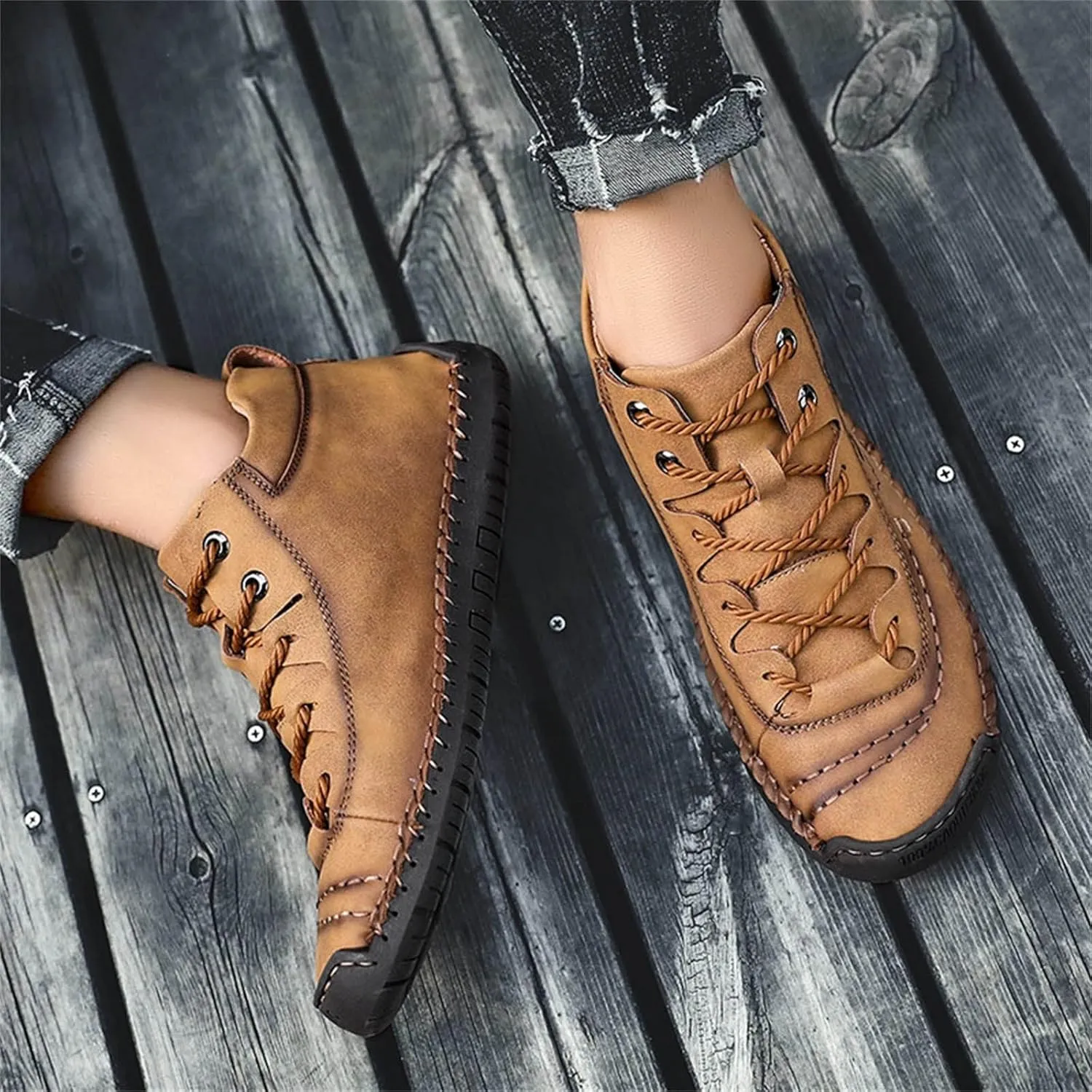 Mens Leather Shoe Slippers Fashion Summer and Autumn Men Leather Shoes Flat Soft Bottom Comfortable Mid Top Lace Up Casual Leather Tennis Shoes (Brown, 9)