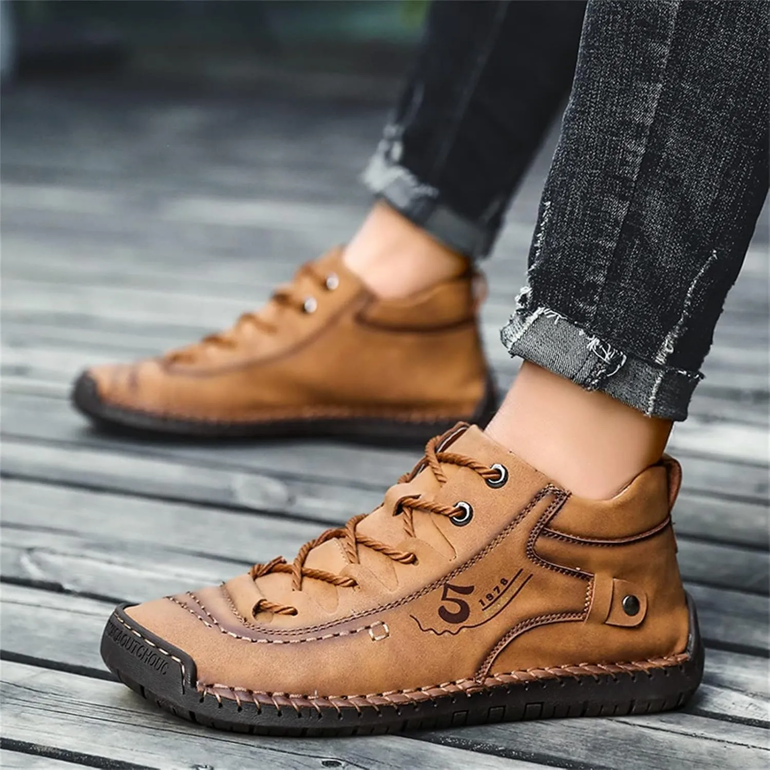 Mens Leather Shoe Slippers Fashion Summer and Autumn Men Leather Shoes Flat Soft Bottom Comfortable Mid Top Lace Up Casual Leather Tennis Shoes (Brown, 9)
